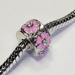 NWT For Pandora Bracelet Silver and Pink Hibiscus Flower Stopper Clip Charm